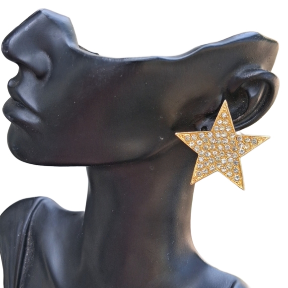 80s Bold Pave Rhinestone Goldtone Star Clip On Earrings - Picture 1 of 5